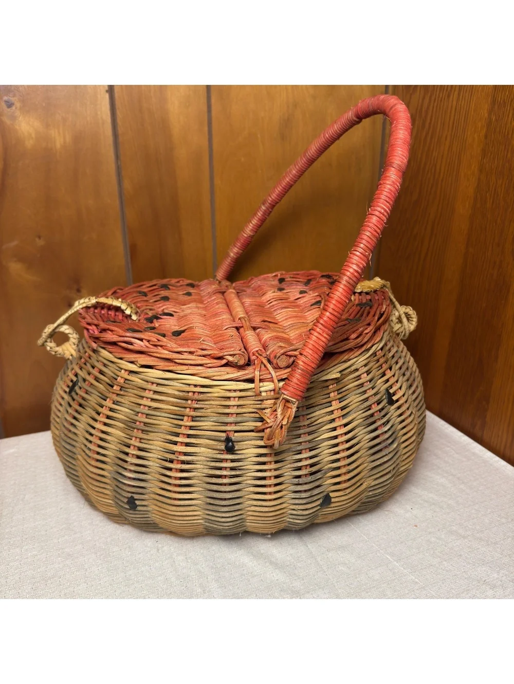 Vintage Watermelon Wicker Picnic Basket Split Lid Summer Kitchen Decor